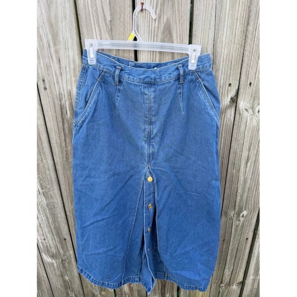 Vintage 90s Liz Claiborne Lizwear Denim Midi Skirt 10 Blue Button Front A-Line